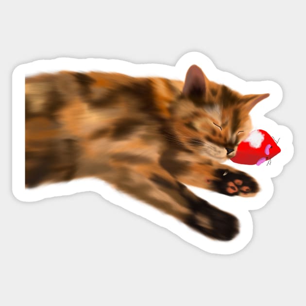 Tortie Cat Sleeping on Toy Mouse Sticker by caitlinshea24